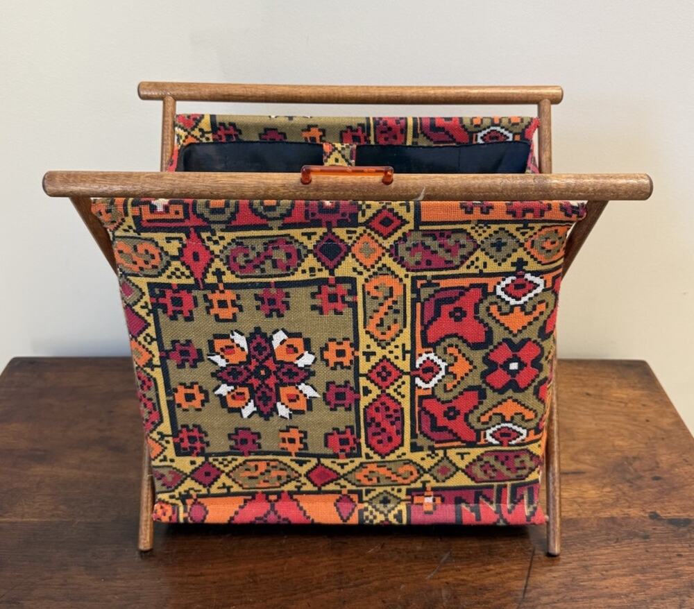Vintage 1970s Folding Knitting Sewing Basket Wood Frame Kilim Boho 14"